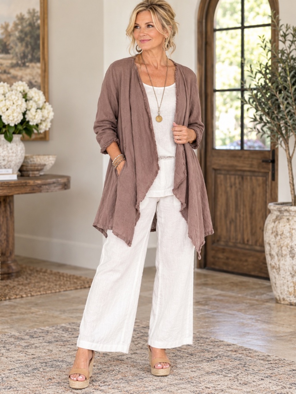 Match Point USA Linen Open Front Lagenlook Jacket Cardigan Raw Edge Mauve Brown